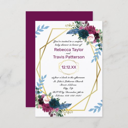 Floral Blooms Mod Plum V _ 3x5 Couples Baby Shower Invitation