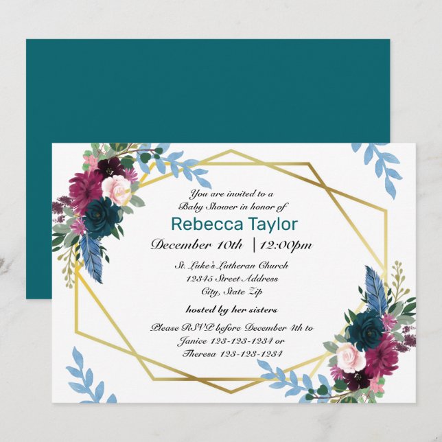 Floral Blooms Mod Teal - Baby Shower Invitation (Front/Back)
