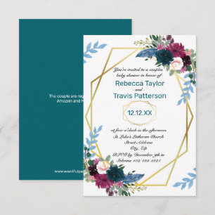 Floral Blooms Mod Teal V - 3x5 Couples Baby Shower Invitation