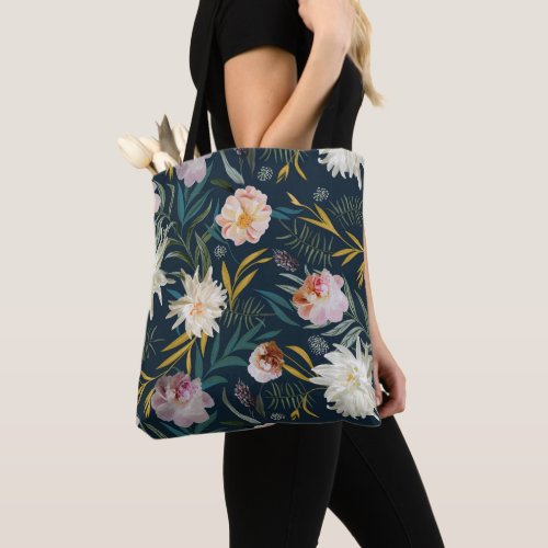 Floral Blooms Navy Painted Tote Bag