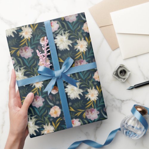 Floral Blooms Navy Painted Wrapping Paper