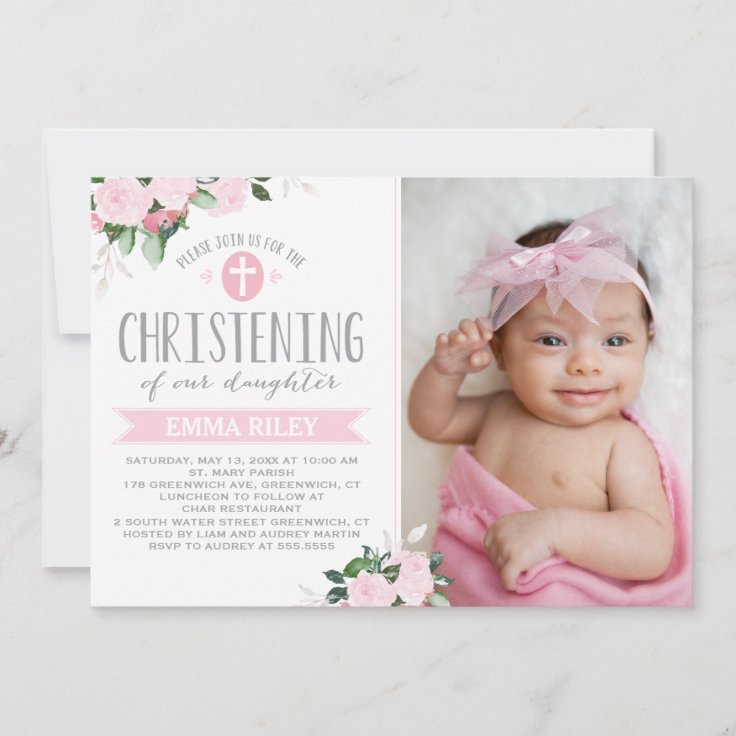 Floral Blooms Pink | Christening Invitation | Zazzle