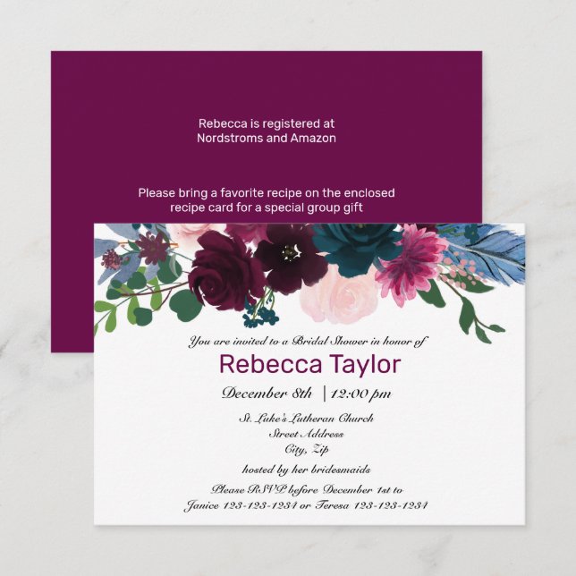 Floral Blooms Plum - 3x5 Bridal Shower Invitation (Front/Back)