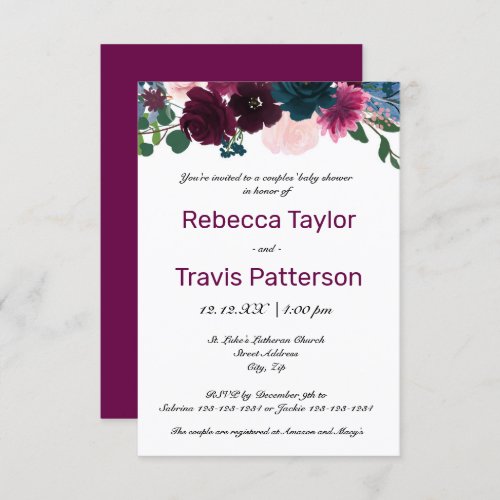 Floral Blooms Plum _ 3x5 Couples Baby Shower Invitation