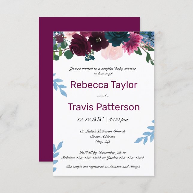 Floral Blooms Plum - 3x5 Couples' Baby Shower Invitation (Front/Back)