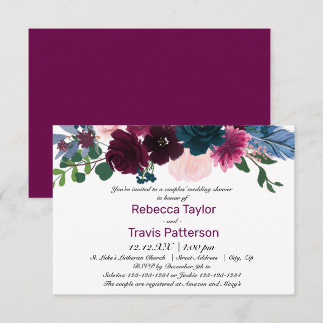 Floral Blooms Plum - 3x5 Couples' Wedding Shower Invitation (Front/Back)