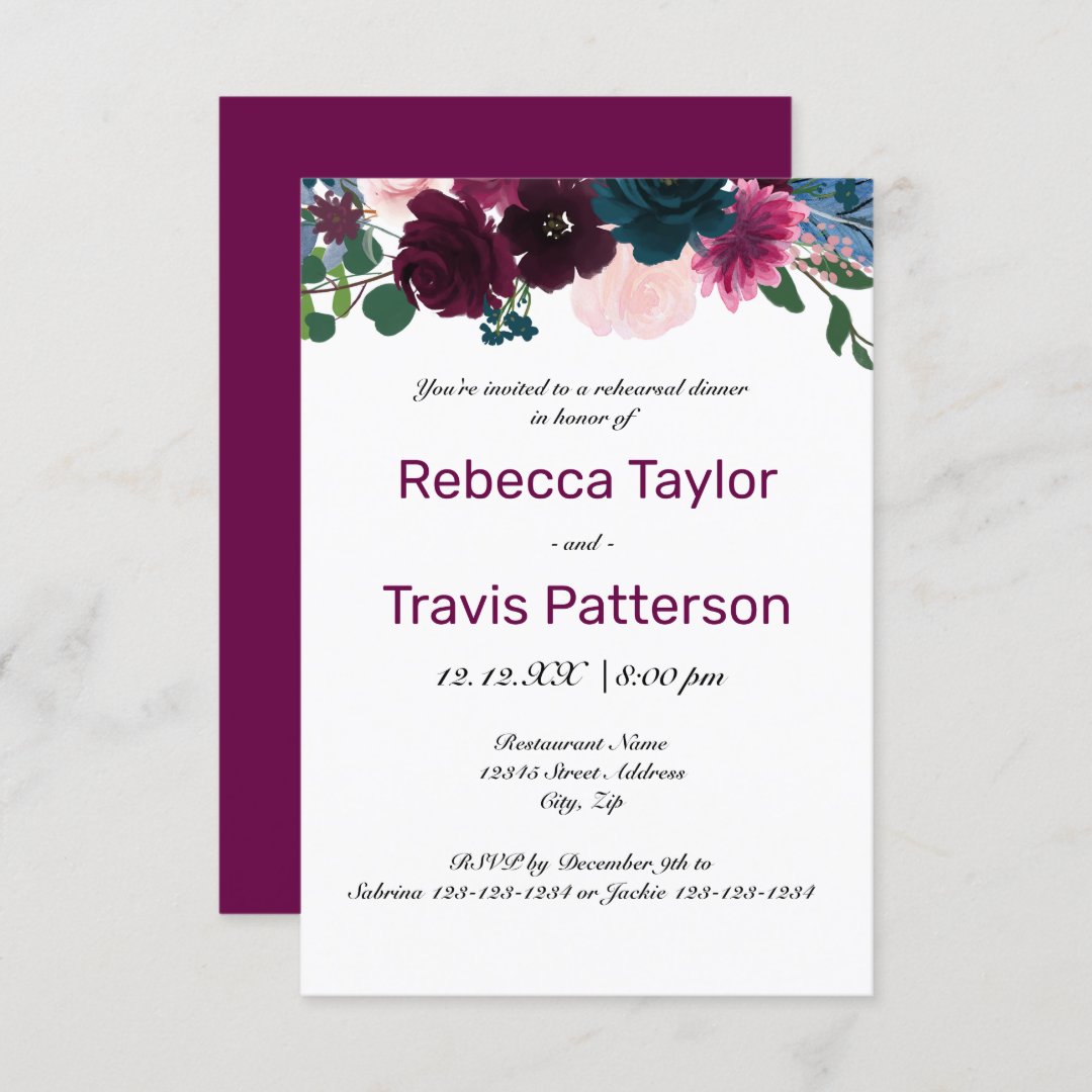 Floral Blooms Plum - 3x5 Rehearsal Dinner Invitation | Zazzle