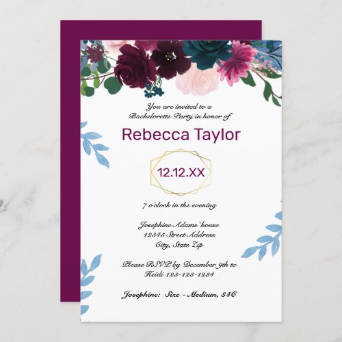 Floral Blooms Plum Vertical _ Bachelorette Party Invitation