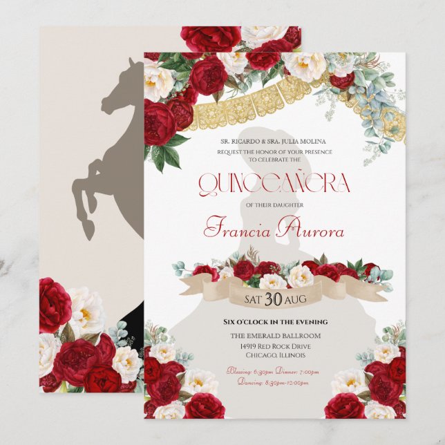 Floral Blooms Red & White Gold Charro Quinceañera Invitation (Front/Back)