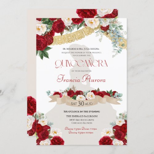 Floral Blooms Red  White Gold Charro Quinceaera Invitation