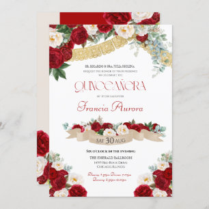 Floral Blooms Red & White Gold Quinceañera Invitation
