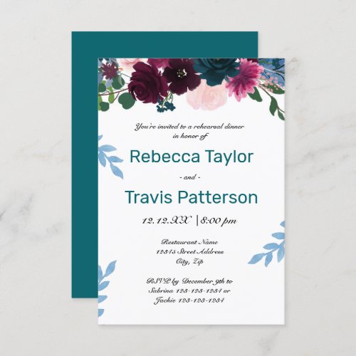 Floral Blooms Teal _ 3x5 Rehearsal Dinner Invitation