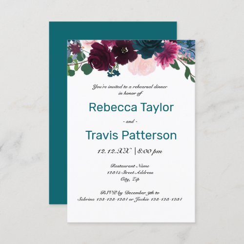 Floral Blooms Teal _ 3x5 Rehearsal Dinner Invitation