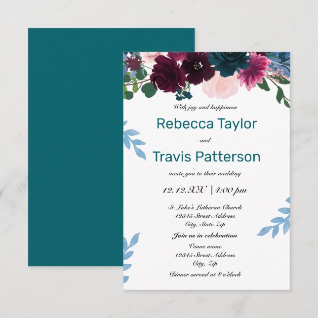Floral Blooms Teal - 3x5 Wedding/Reception Invitation (Front/Back)