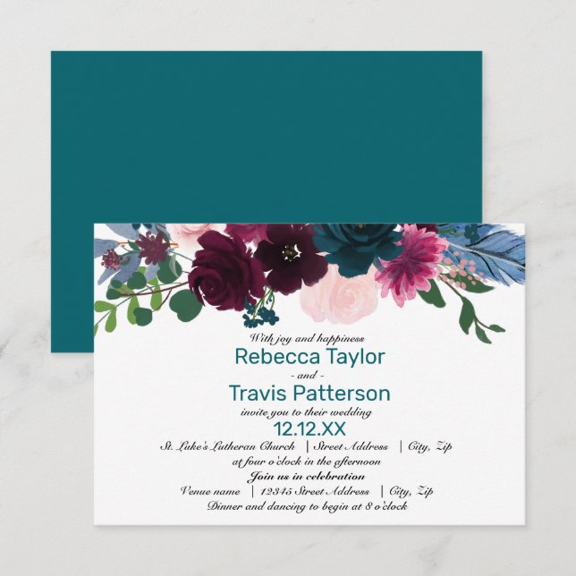 Floral Blooms Teal - 3x5 Wedding/Reception Invite (Front/Back)