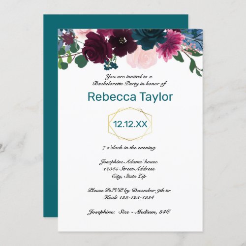 Floral Blooms Teal _ Bachelorette Party Invitation