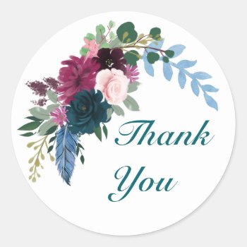 Floral Blooms Teal Thank You - Circle Sticker by Midesigns55555 at Zazzle