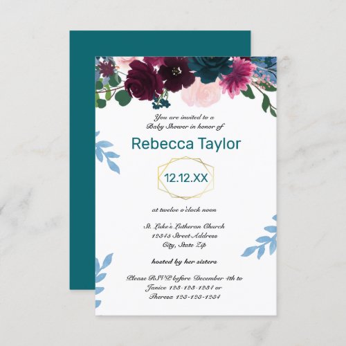 Floral Blooms Teal Vertical _ 3x5 Baby Shower Invitation