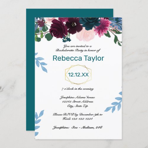 Floral Blooms Teal Vertical _ Bachelorette Party Invitation