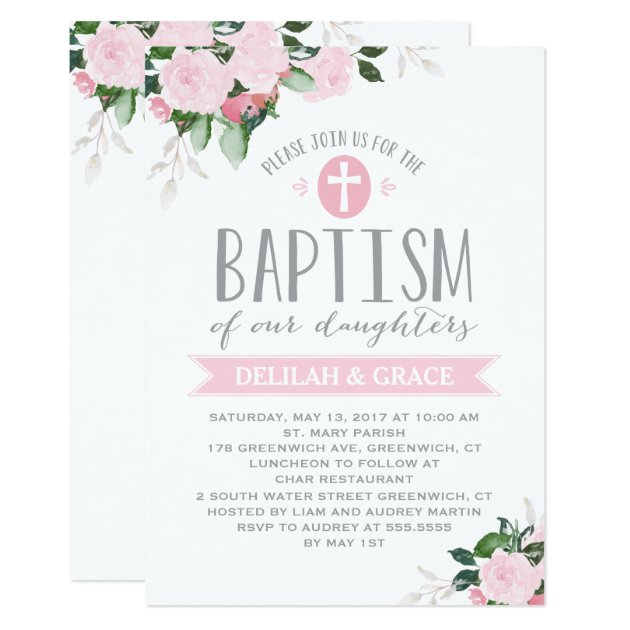 Floral Blooms | TWIN GIRLS Baptism Invitation