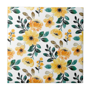 Floral blossom (4.25 x 4.25) yellow botanical chic ceramic tile