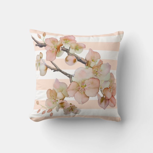 Floral blossoms soft orange peach white strips throw pillow (Front)