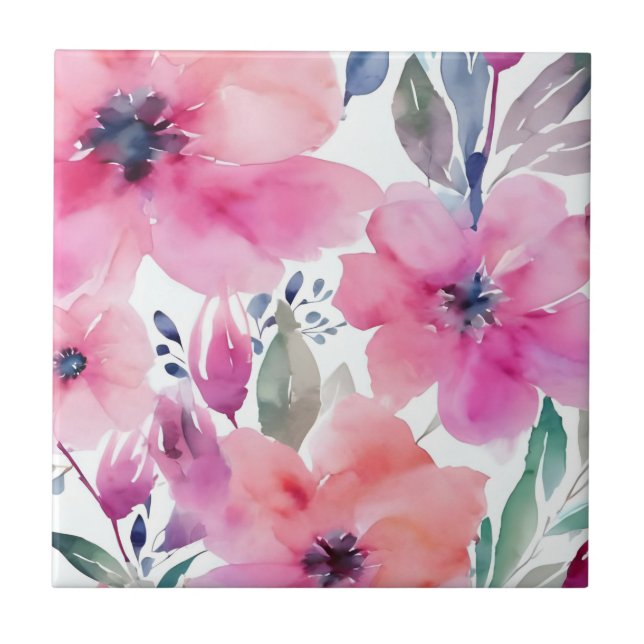 Floral Blossoms | Watercolor Pink Flowers Painted Ceramic Tile (Front)