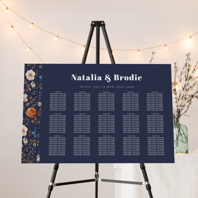 Floral Blue 15 Table Wedding Seating Chart Foam Board (In Situ (Stand))