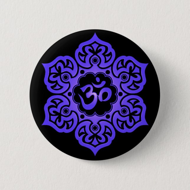 Floral Blue and Black Aum Design Pinback Button (Front)