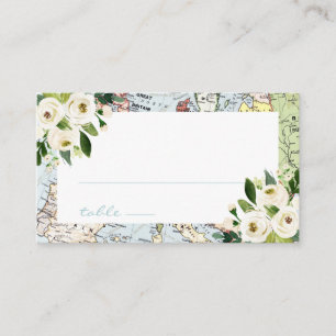 Floral Blue and Green Map Travel Theme Place Card
