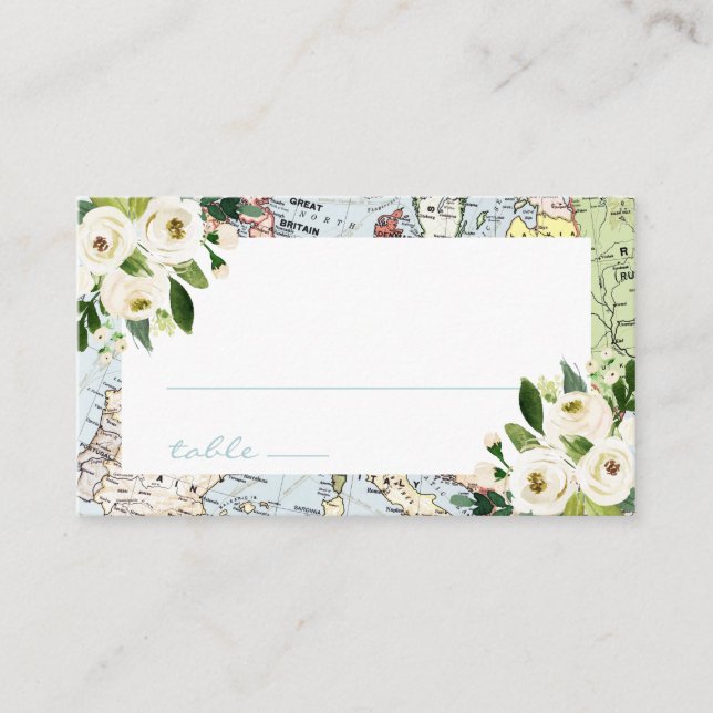 Floral Blue and Green Map Travel Theme Place Card (Front)