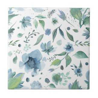 Floral Blue and Green Seamless Ceramic Tile