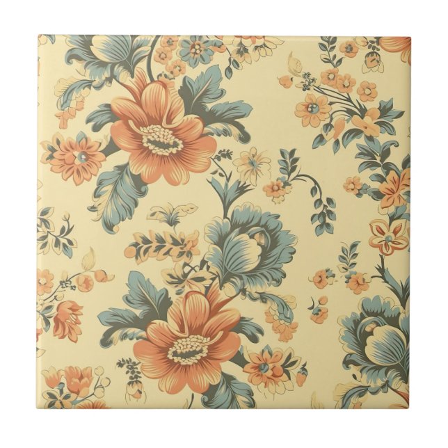Floral Blue and Peach Botanical Ceramic Tile (Front)