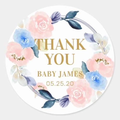 Floral Blue and Pink thank you gender reveal Classic Round Sticker