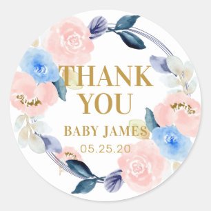 Floral Blue and Pink thank you gender reveal Classic Round Sticker