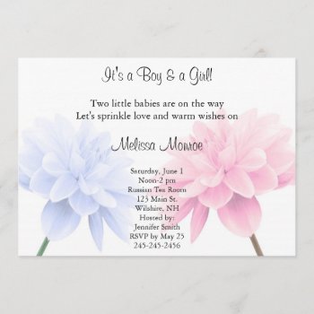 Floral Blue And Pink Twins Sprinkle Invitation by Lilleaf at Zazzle