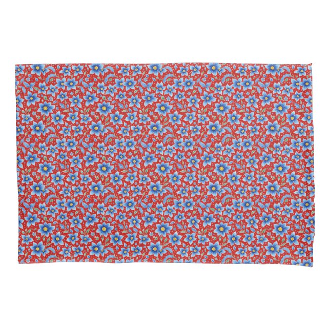 Floral Blue and Red Provencal Print Pillow Case (Front)