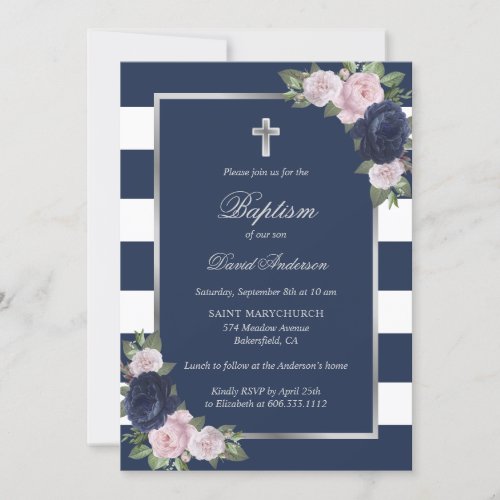 Floral Blue and Silver Cross Elegant Baptism Invitation