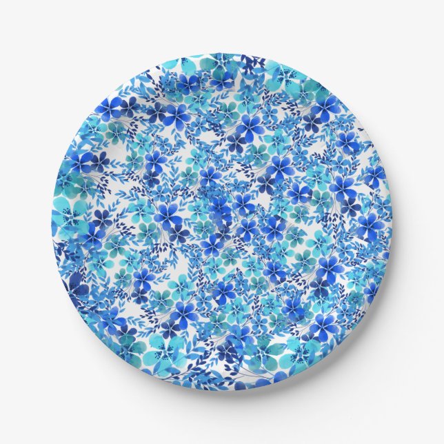 Floral Blue and Turquoise Garden Paper Plate (Front)