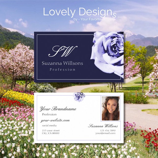 Floral Blue and White Cute Rose Initials Photo Business Card (Creator Uploaded)