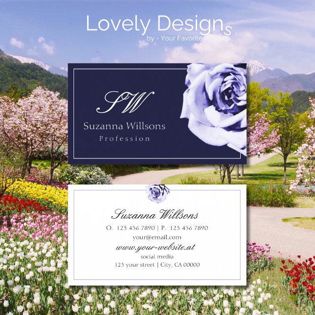 Floral Blue and White Cute Rose with Initials  Business Card (Creator Uploaded)