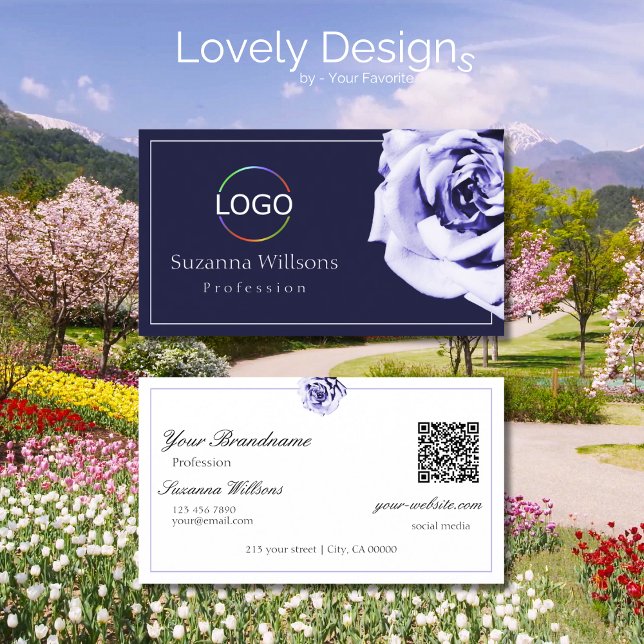 Floral Blue and White Cute Rose with Logo QR Code Business Card (Creator Uploaded)