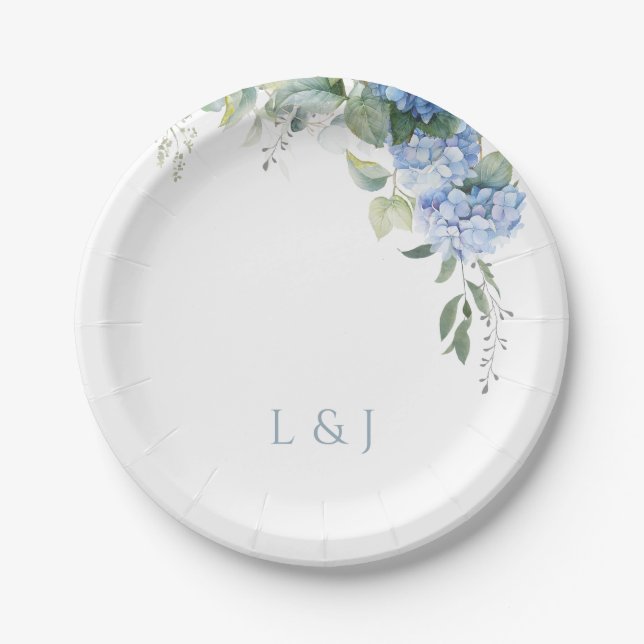  Floral Blue  and White Hydrangea Event Wedding  Paper Plates (Front)