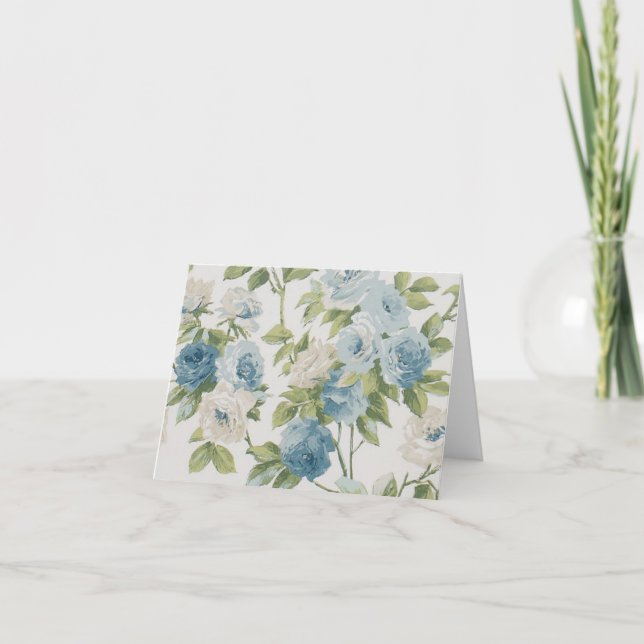 Floral Blue And White Rose Pattern Notecard (Front)