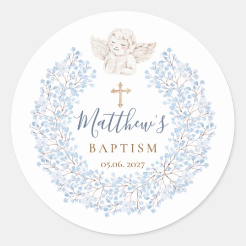 Floral Blue Baby Angel Cross Baptism Classic Round Sticker