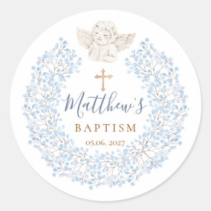 Floral Blue Baby Angel Cross Baptism Classic Round Sticker