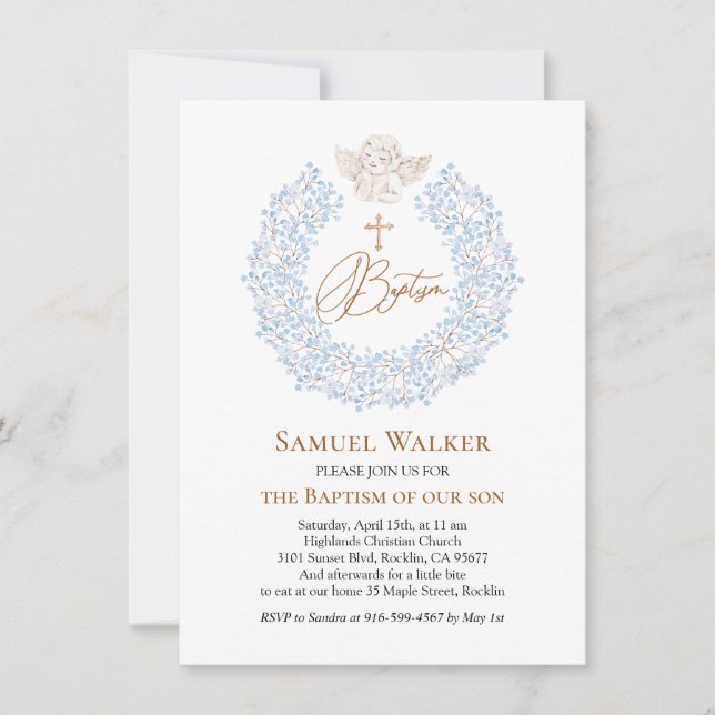 Floral Blue Baby Angel Cross Baptism Invitation (Front)