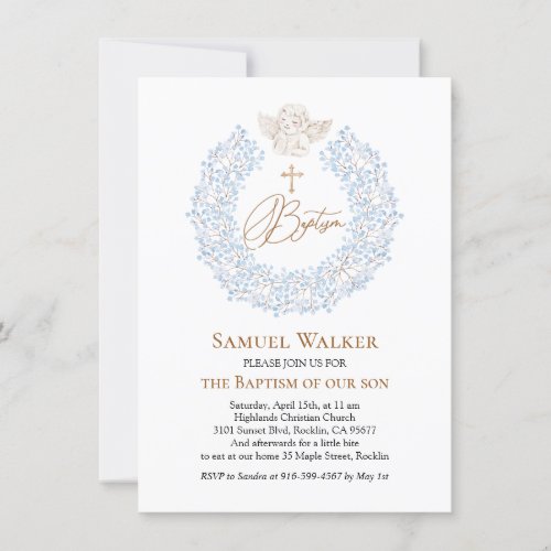 Floral Blue Baby Angel Cross Baptism Invitation