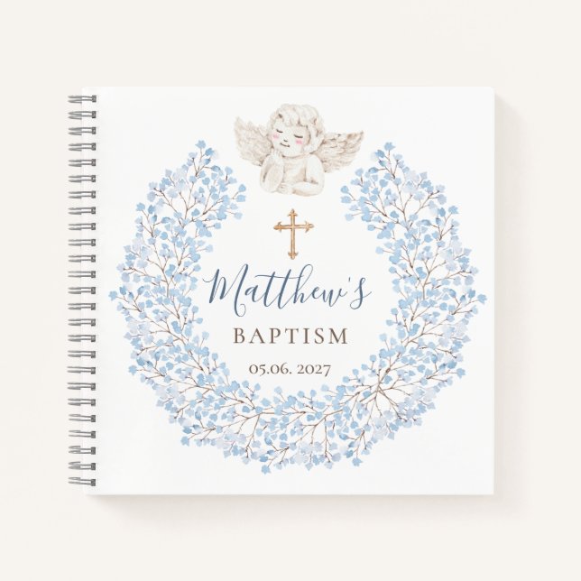 Floral Blue Baby Angel Cross Baptism Notebook (Front)