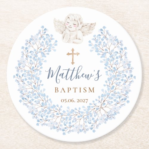Floral Blue Baby Angel Cross Baptism Round Paper Coaster